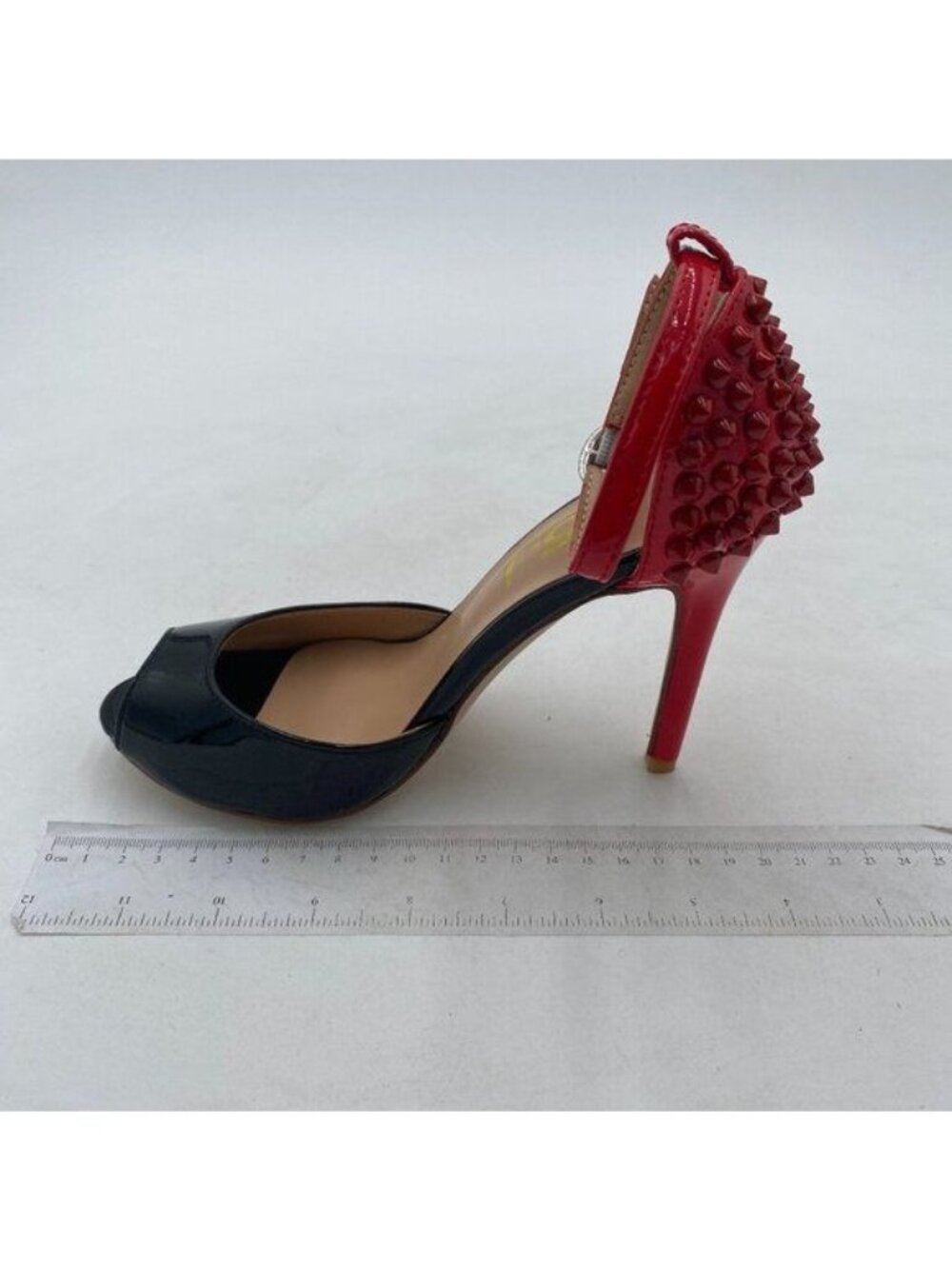 FSJ Black/Red Spikes Rivets Peep Toe Sandals Stiletto Heels Ankle Strap Shoes